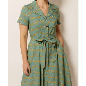 lxia Los Angeles Dachshund Print Dress Small Green Polka Dot Belted Made USA